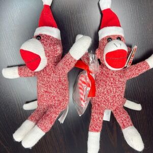 Lot of 2 Christmas Sock Monkey Plush Red White Santa Hat Holiday Decor Gift